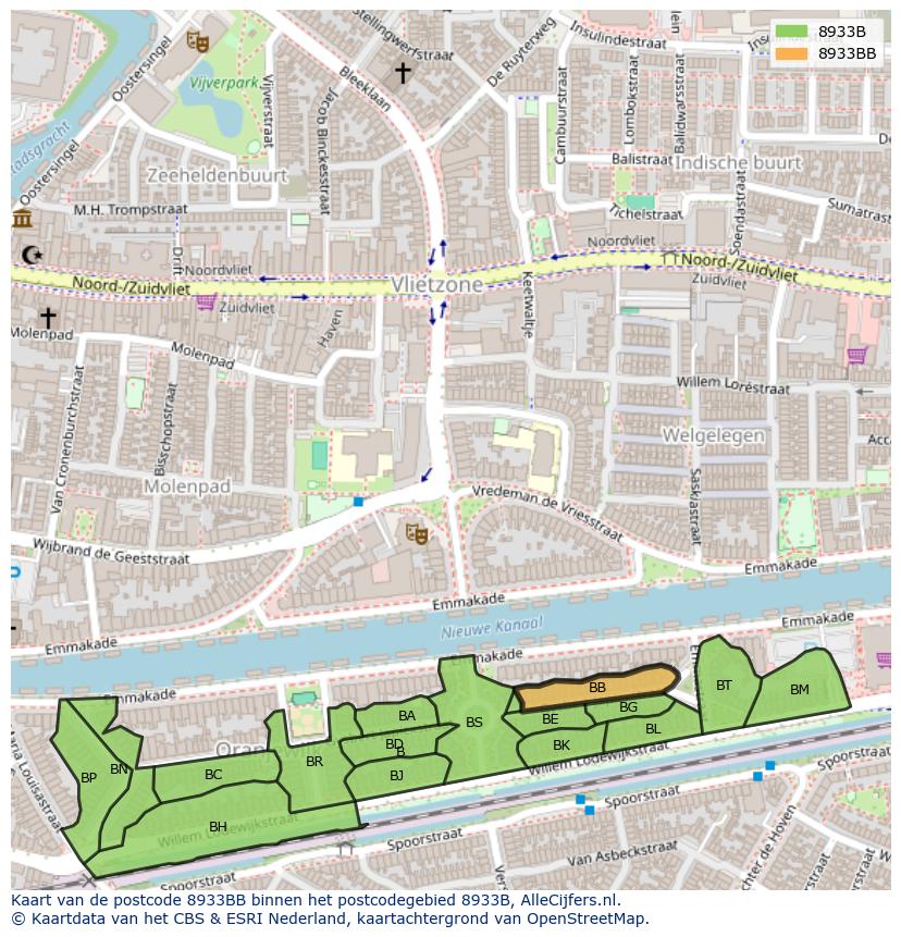 Afbeelding van het postcodegebied 8933 BB op de kaart.
