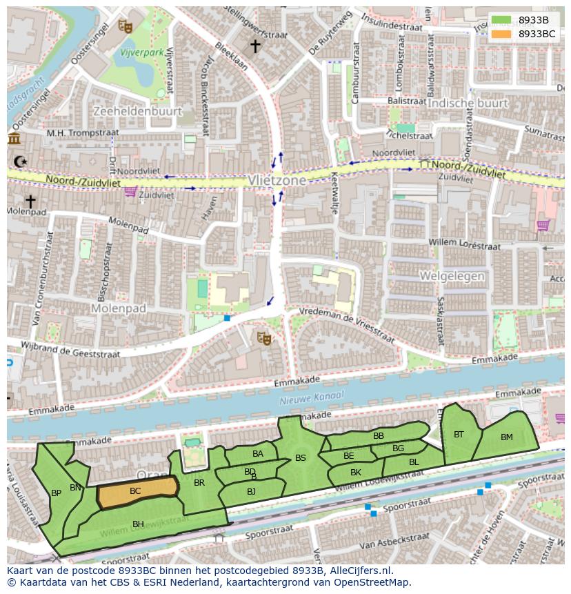 Afbeelding van het postcodegebied 8933 BC op de kaart.