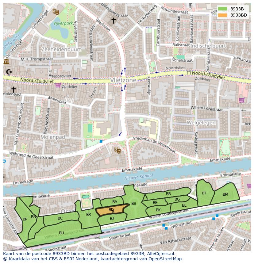 Afbeelding van het postcodegebied 8933 BD op de kaart.