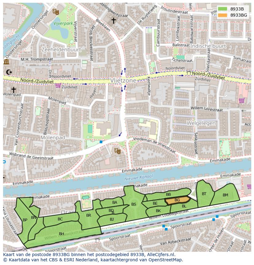 Afbeelding van het postcodegebied 8933 BG op de kaart.