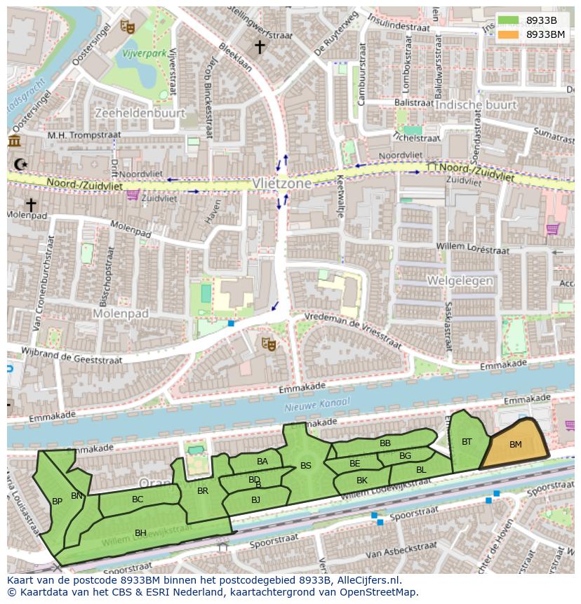 Afbeelding van het postcodegebied 8933 BM op de kaart.