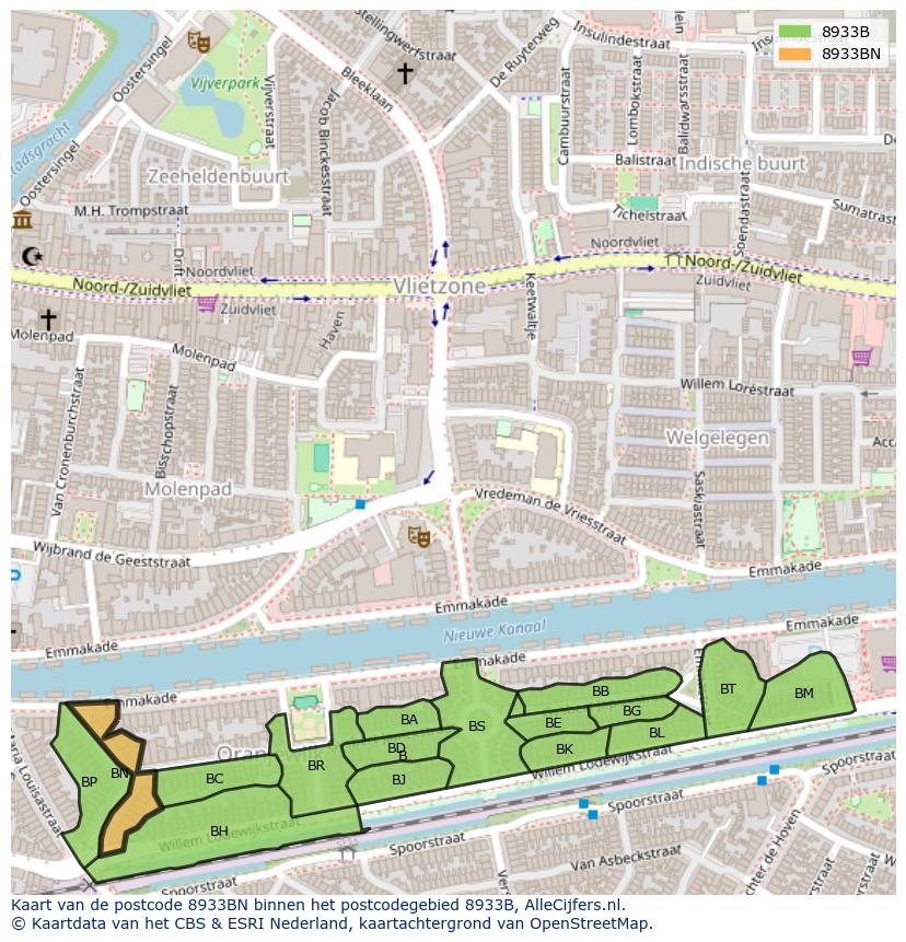 Afbeelding van het postcodegebied 8933 BN op de kaart.