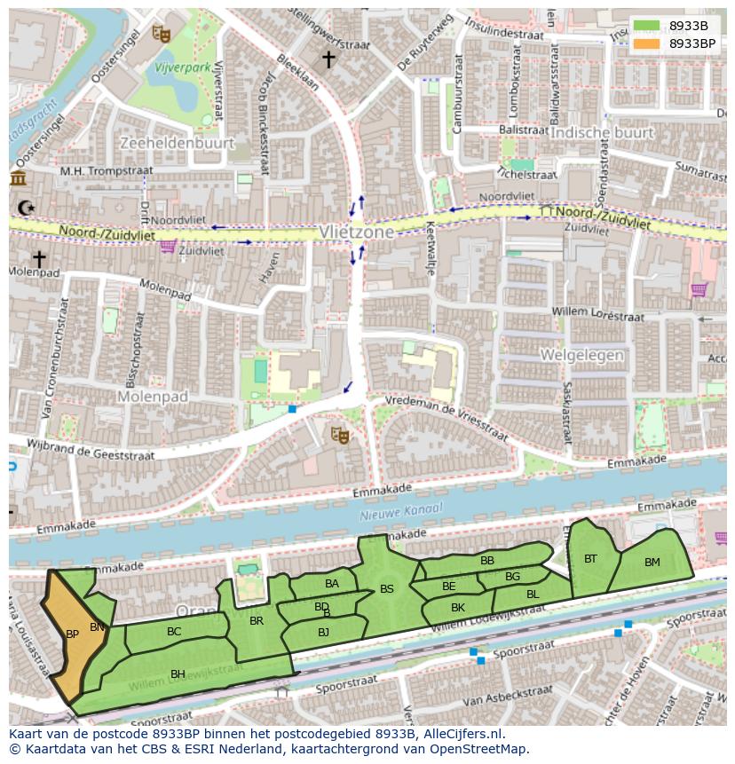 Afbeelding van het postcodegebied 8933 BP op de kaart.