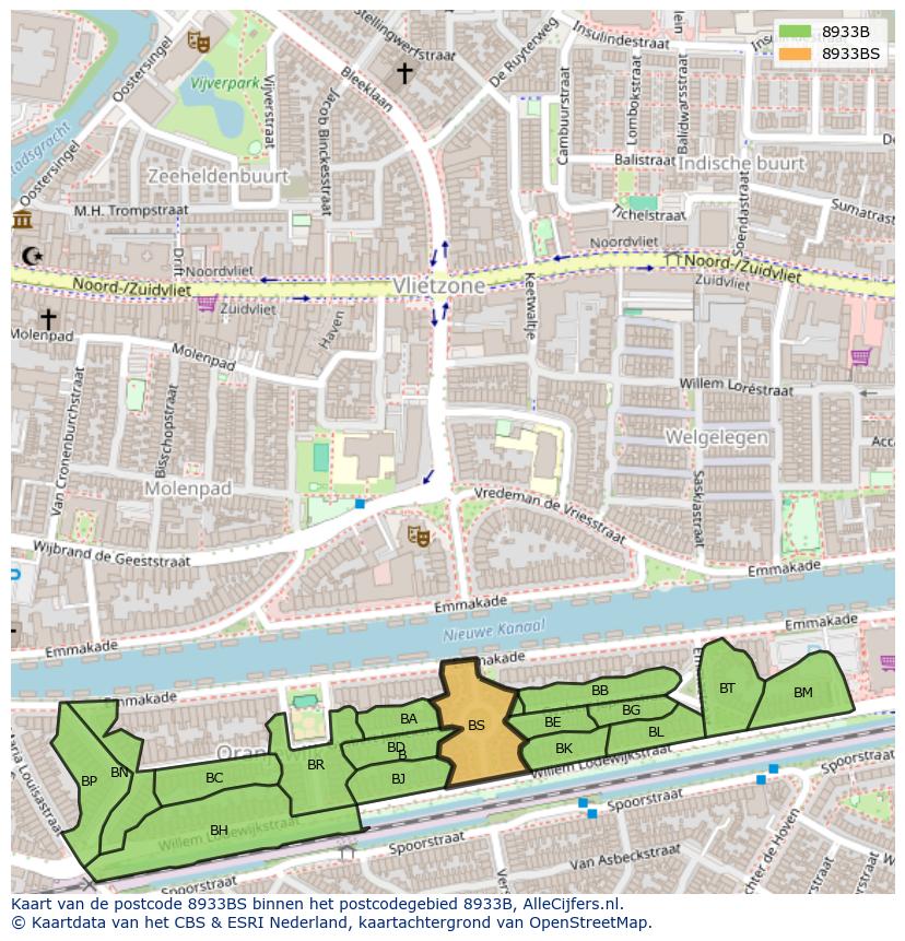 Afbeelding van het postcodegebied 8933 BS op de kaart.
