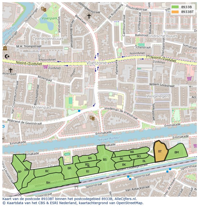 Afbeelding van het postcodegebied 8933 BT op de kaart.