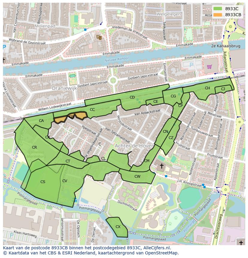 Afbeelding van het postcodegebied 8933 CB op de kaart.