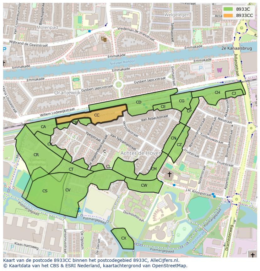 Afbeelding van het postcodegebied 8933 CC op de kaart.