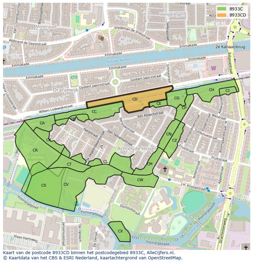 Afbeelding van het postcodegebied 8933 CD op de kaart.