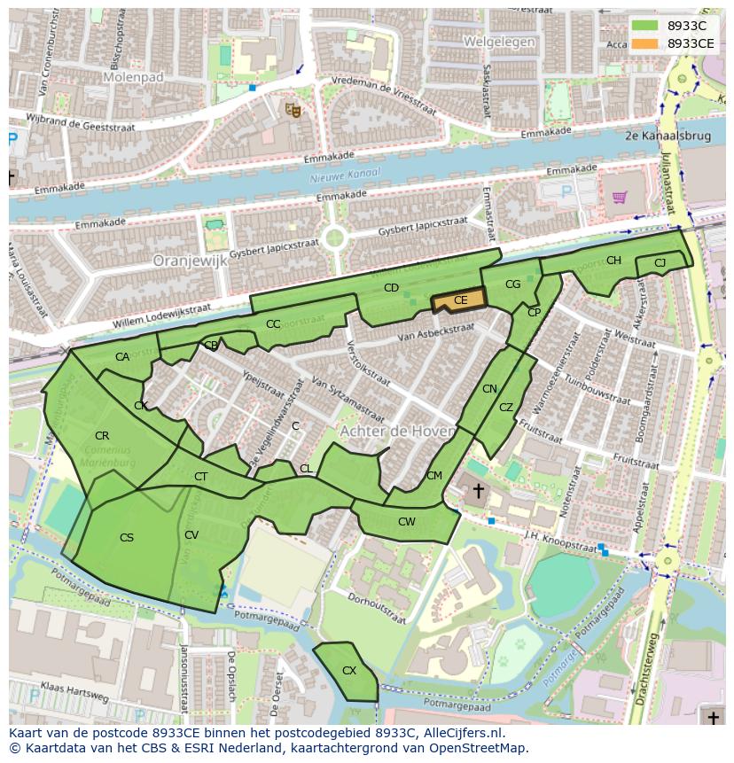 Afbeelding van het postcodegebied 8933 CE op de kaart.