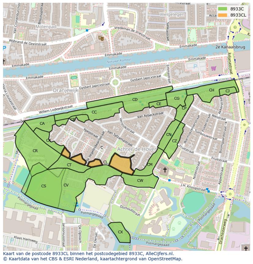 Afbeelding van het postcodegebied 8933 CL op de kaart.