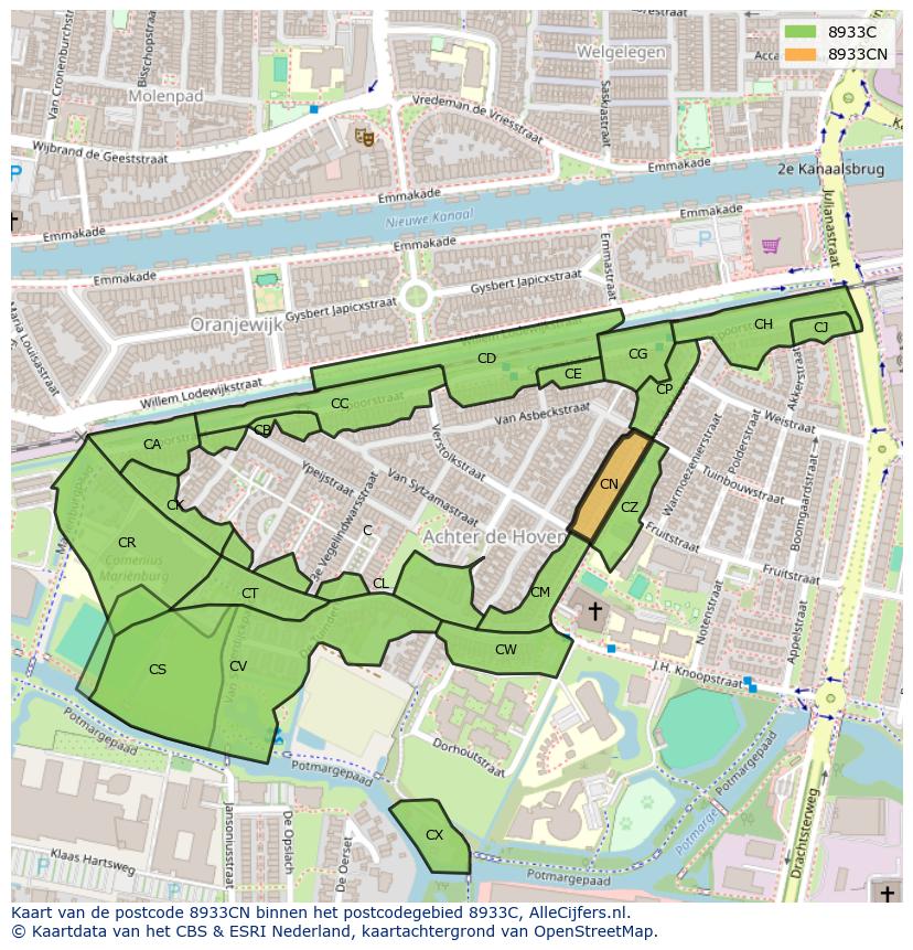 Afbeelding van het postcodegebied 8933 CN op de kaart.