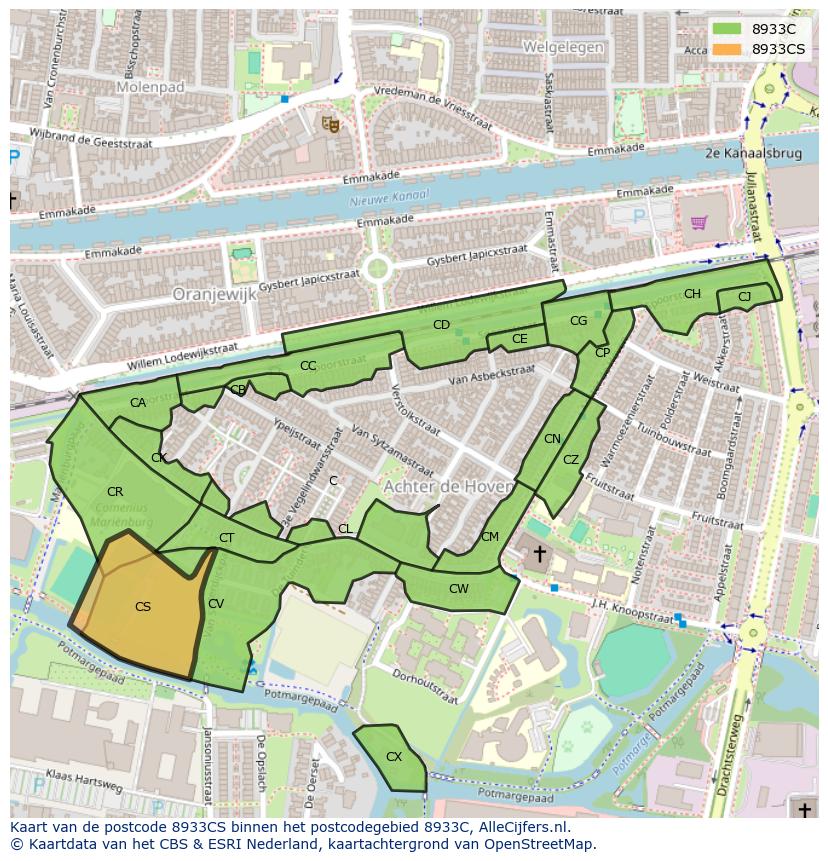 Afbeelding van het postcodegebied 8933 CS op de kaart.