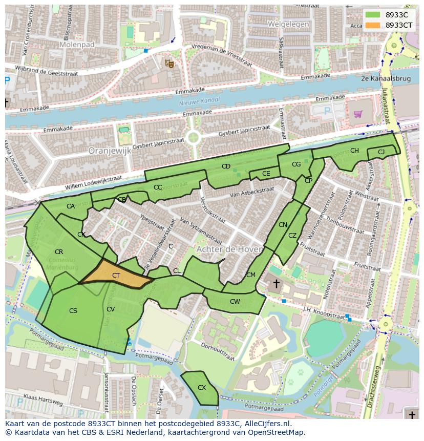 Afbeelding van het postcodegebied 8933 CT op de kaart.