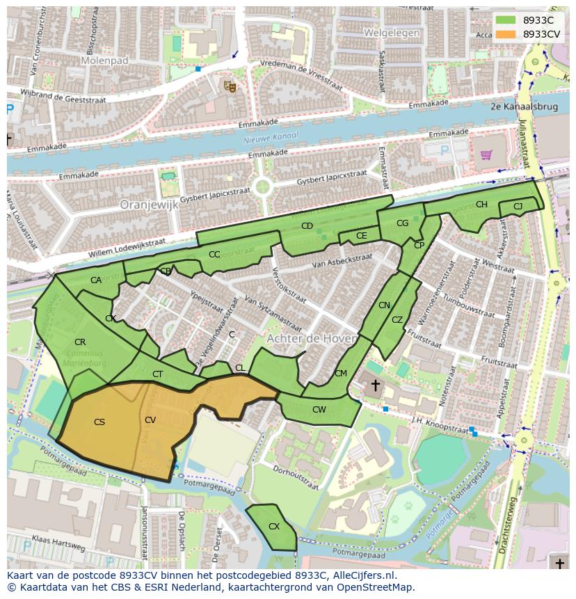 Afbeelding van het postcodegebied 8933 CV op de kaart.