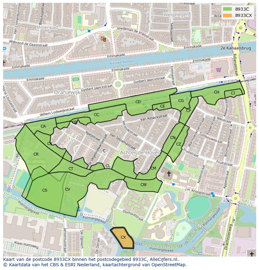Afbeelding van het postcodegebied 8933 CX op de kaart.