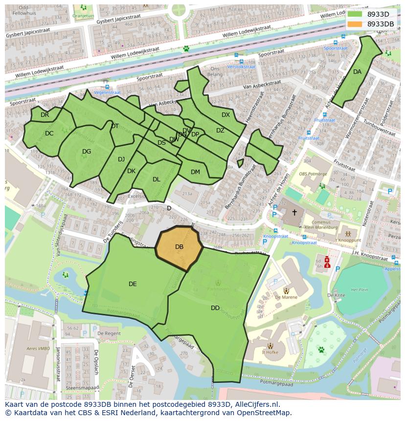 Afbeelding van het postcodegebied 8933 DB op de kaart.
