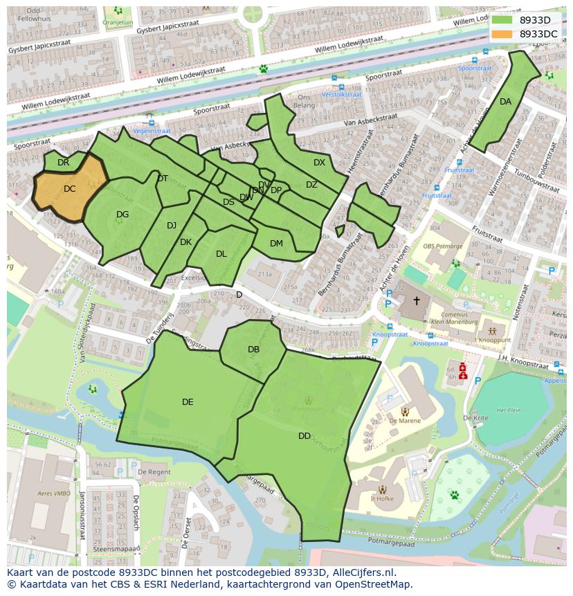 Afbeelding van het postcodegebied 8933 DC op de kaart.