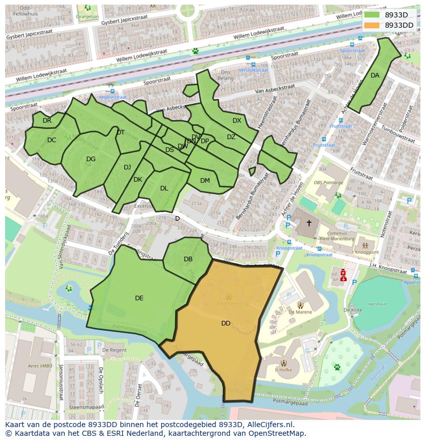 Afbeelding van het postcodegebied 8933 DD op de kaart.