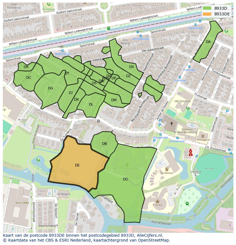 Afbeelding van het postcodegebied 8933 DE op de kaart.