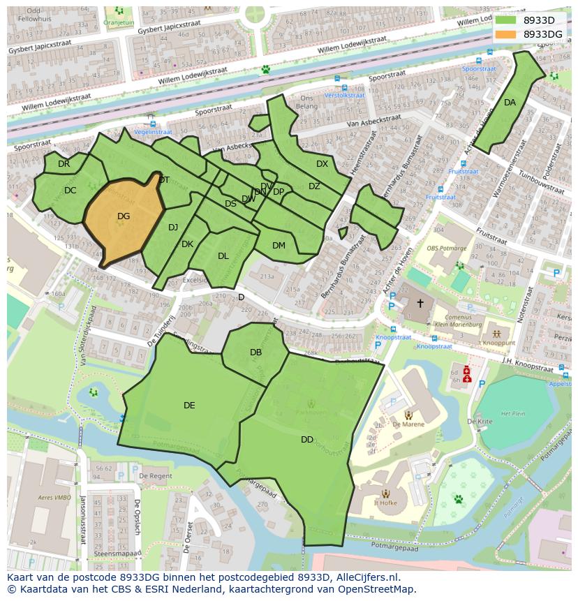 Afbeelding van het postcodegebied 8933 DG op de kaart.
