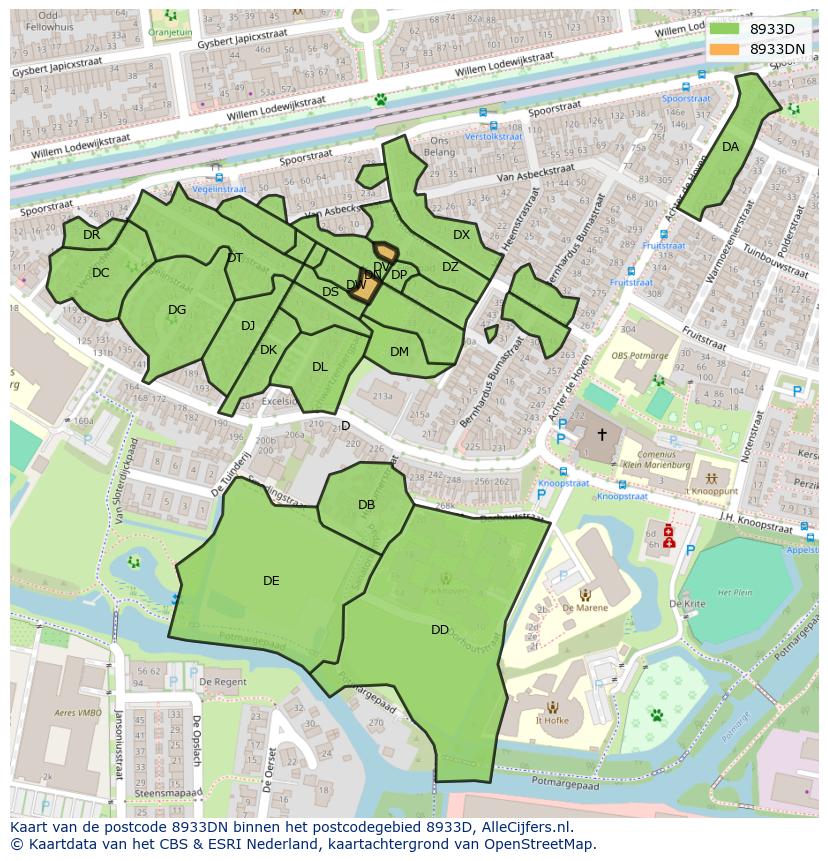 Afbeelding van het postcodegebied 8933 DN op de kaart.
