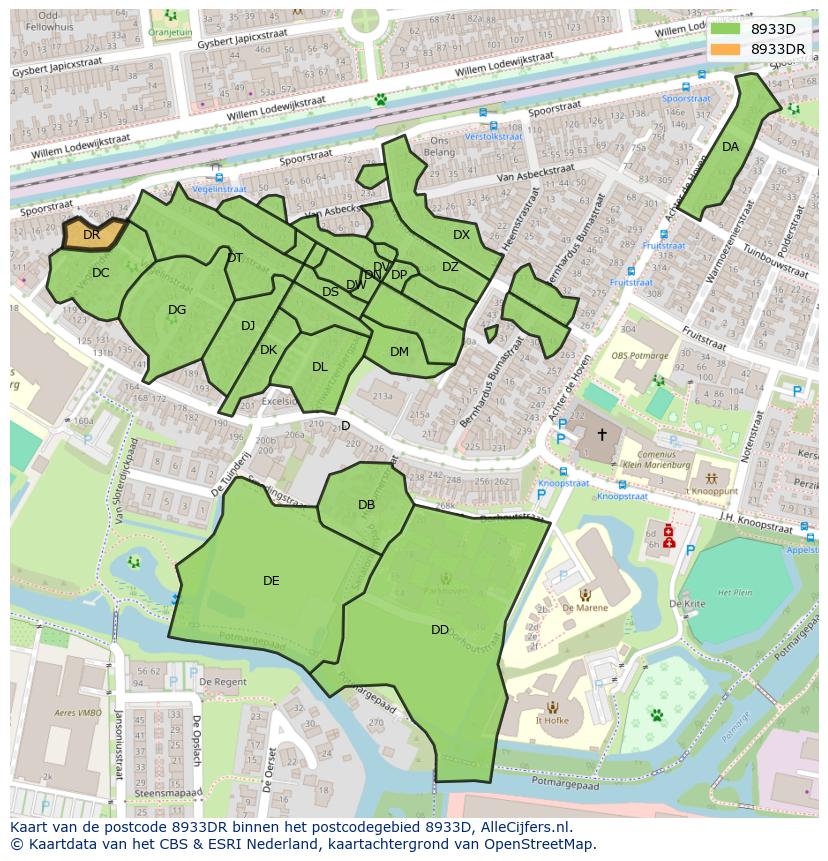 Afbeelding van het postcodegebied 8933 DR op de kaart.
