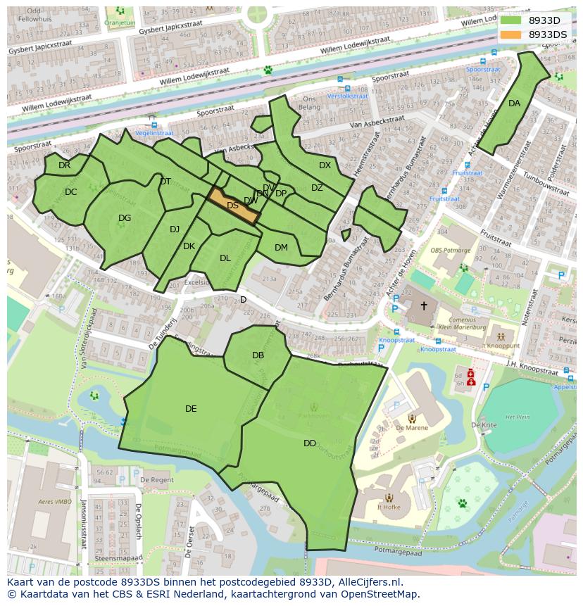 Afbeelding van het postcodegebied 8933 DS op de kaart.