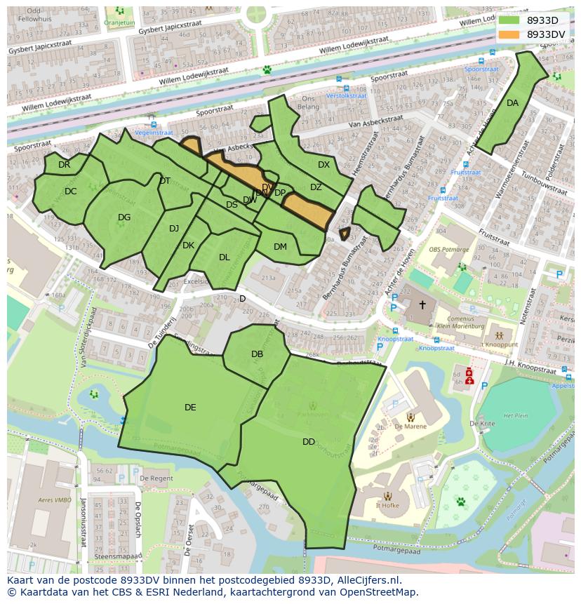 Afbeelding van het postcodegebied 8933 DV op de kaart.