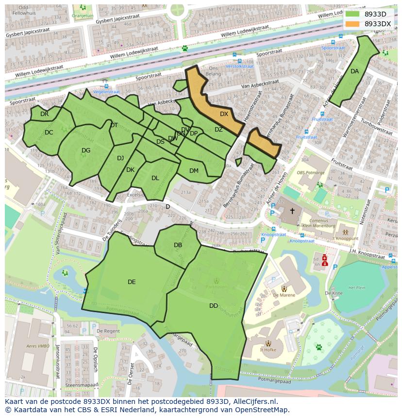Afbeelding van het postcodegebied 8933 DX op de kaart.