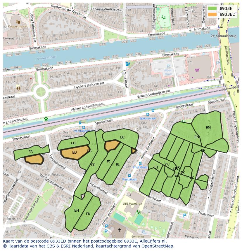 Afbeelding van het postcodegebied 8933 ED op de kaart.