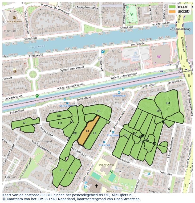 Afbeelding van het postcodegebied 8933 EJ op de kaart.