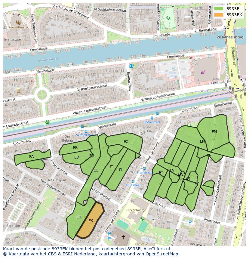 Afbeelding van het postcodegebied 8933 EK op de kaart.