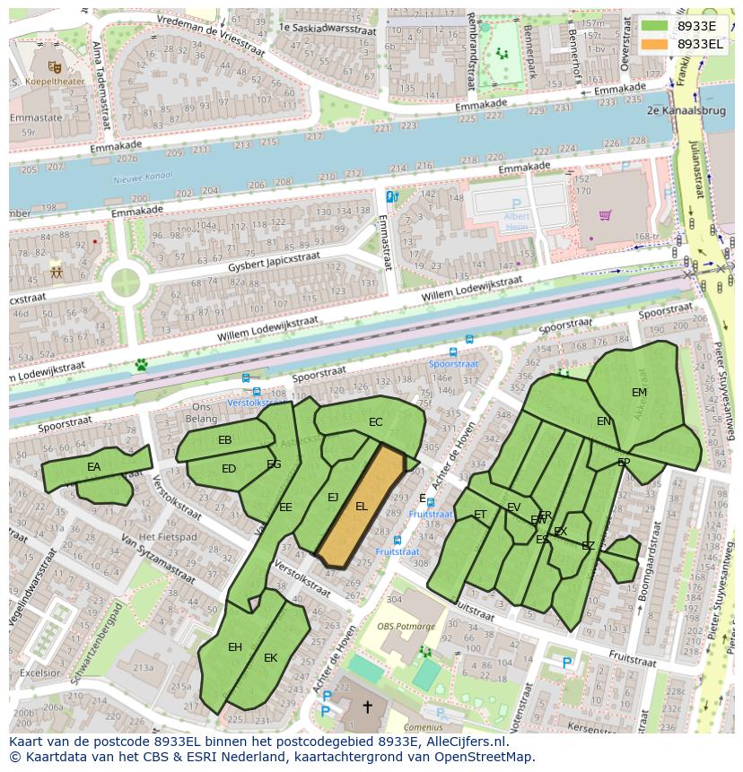 Afbeelding van het postcodegebied 8933 EL op de kaart.