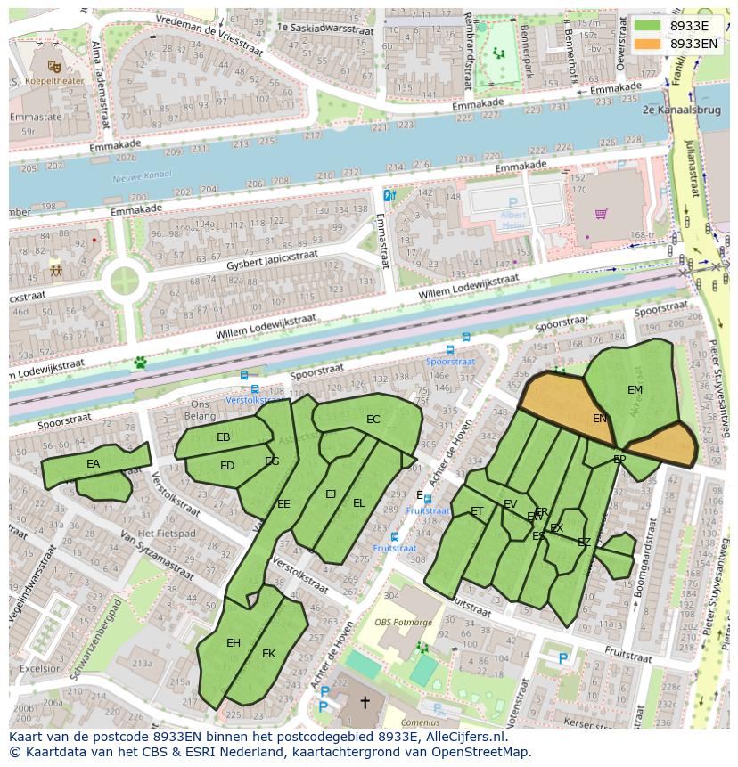 Afbeelding van het postcodegebied 8933 EN op de kaart.
