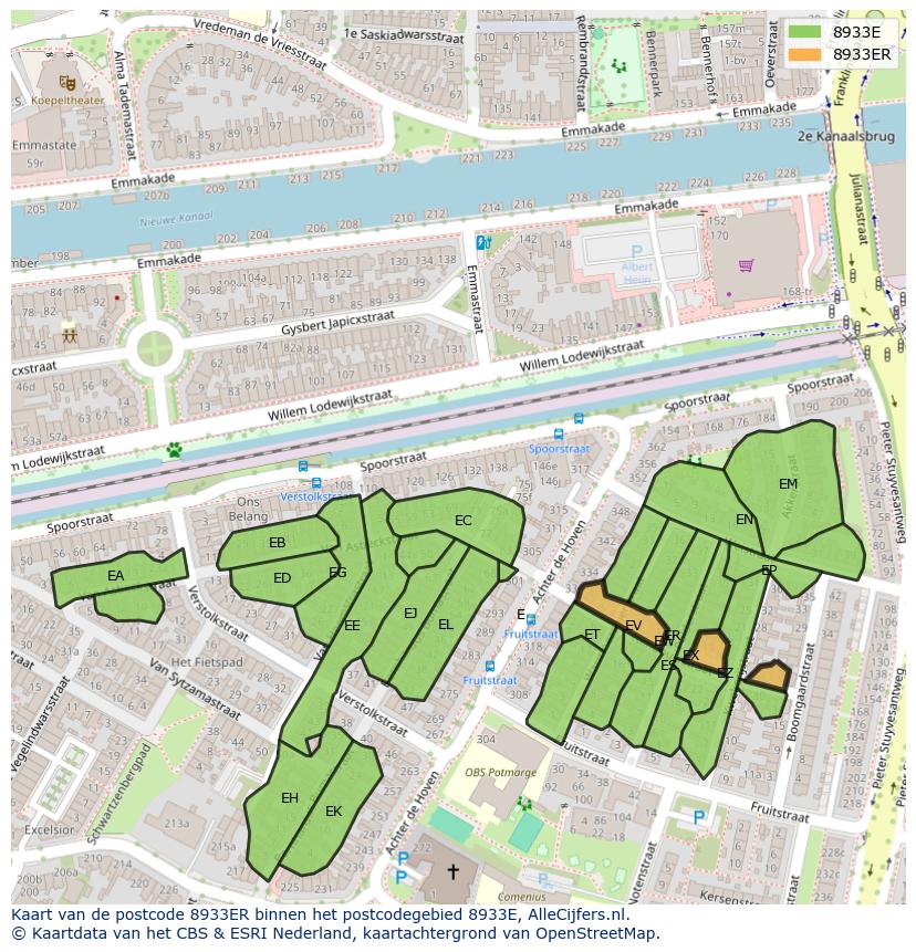 Afbeelding van het postcodegebied 8933 ER op de kaart.
