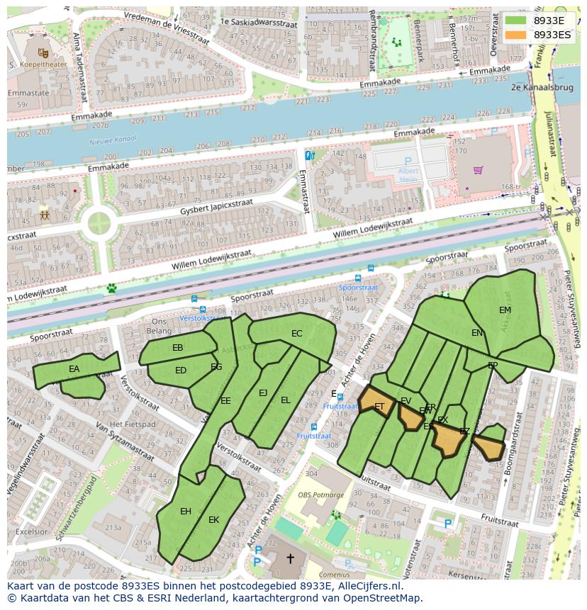 Afbeelding van het postcodegebied 8933 ES op de kaart.