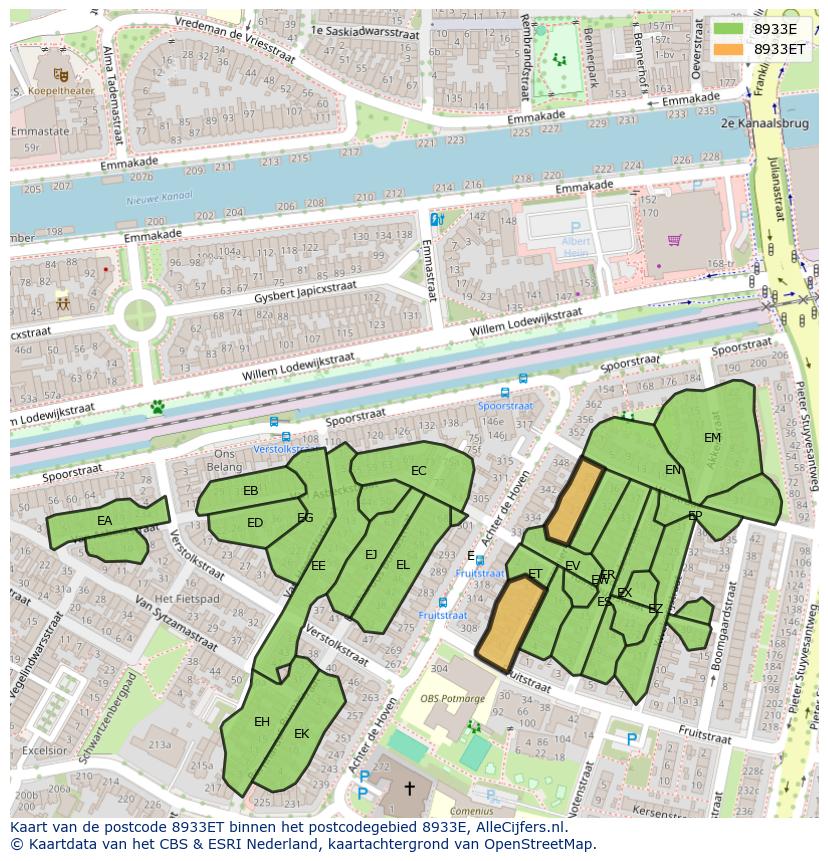 Afbeelding van het postcodegebied 8933 ET op de kaart.