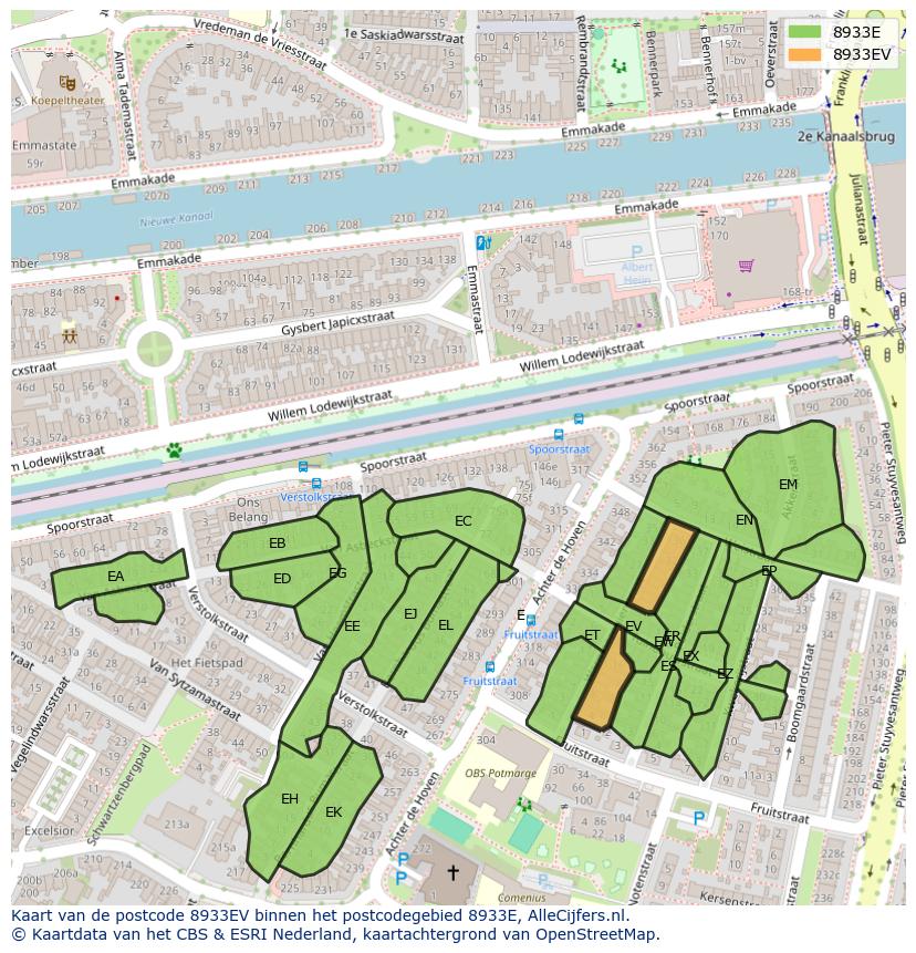Afbeelding van het postcodegebied 8933 EV op de kaart.