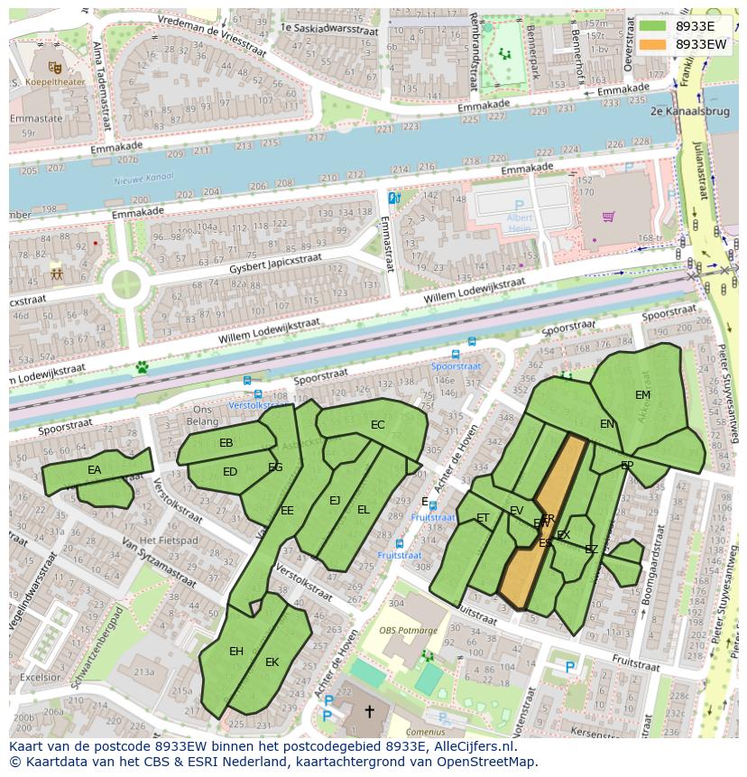 Afbeelding van het postcodegebied 8933 EW op de kaart.