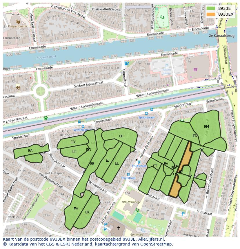 Afbeelding van het postcodegebied 8933 EX op de kaart.