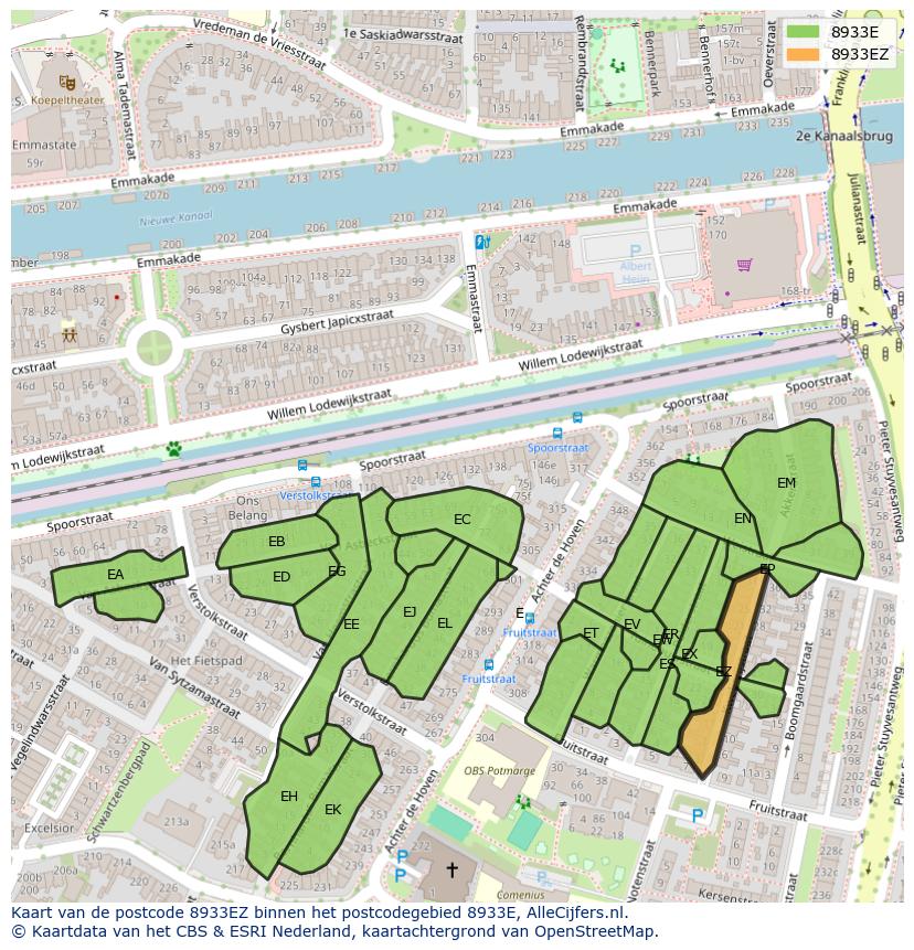 Afbeelding van het postcodegebied 8933 EZ op de kaart.