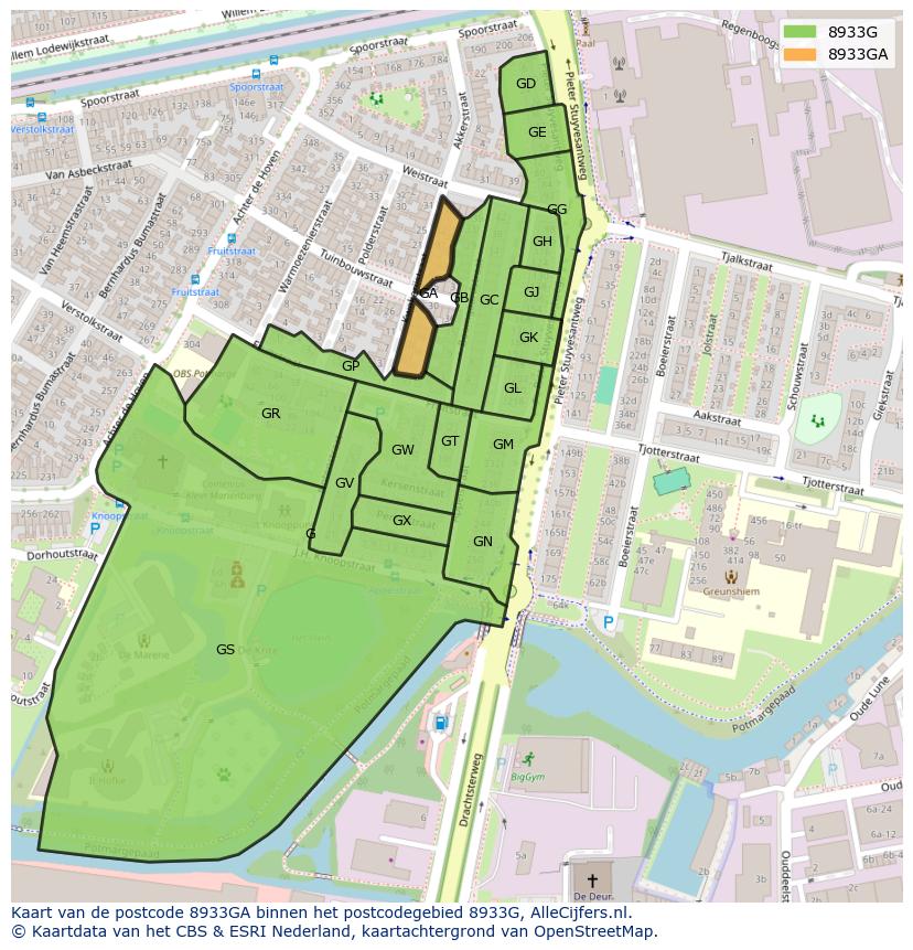 Afbeelding van het postcodegebied 8933 GA op de kaart.