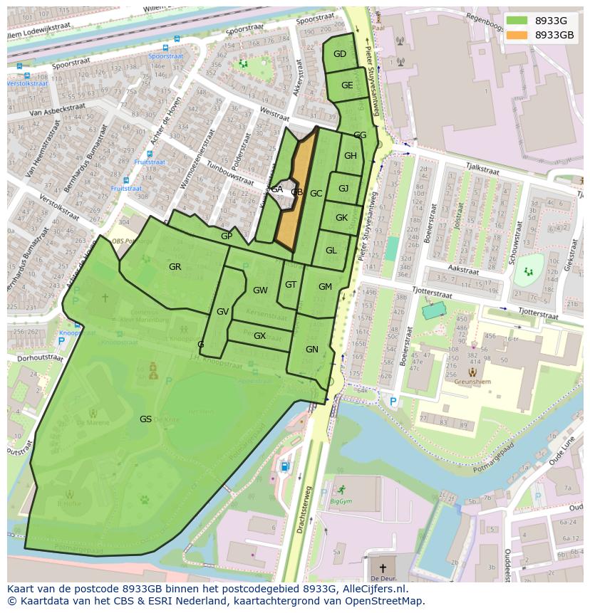 Afbeelding van het postcodegebied 8933 GB op de kaart.