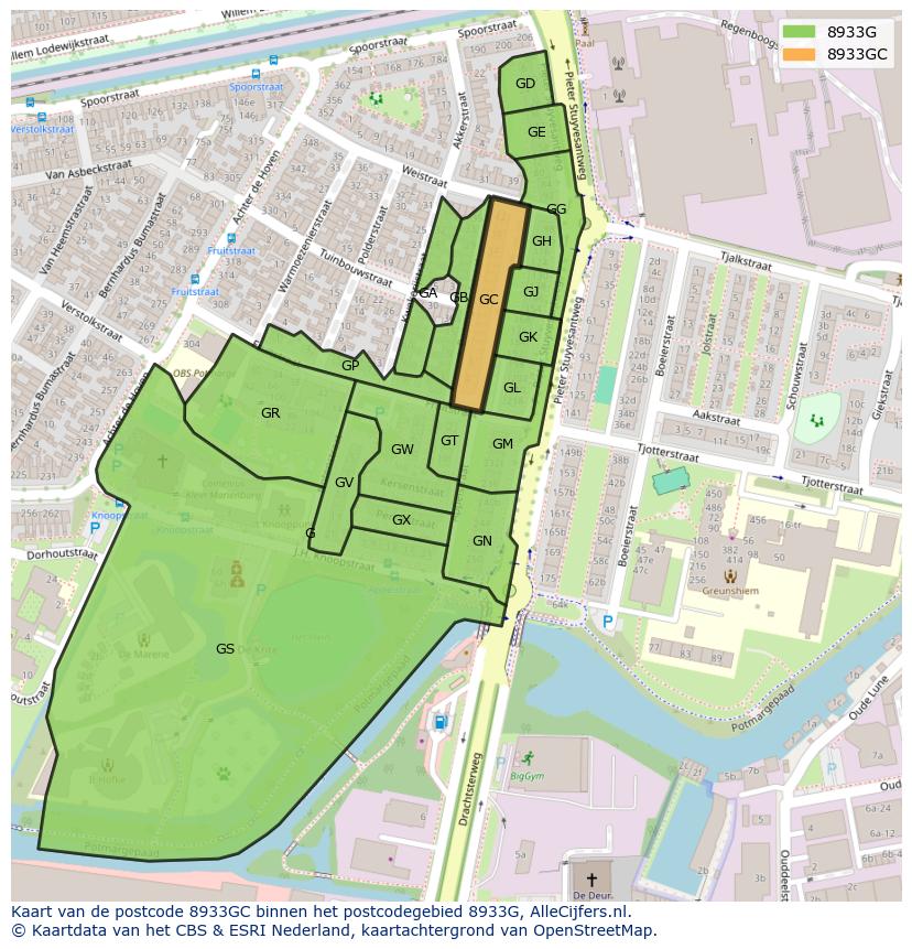 Afbeelding van het postcodegebied 8933 GC op de kaart.