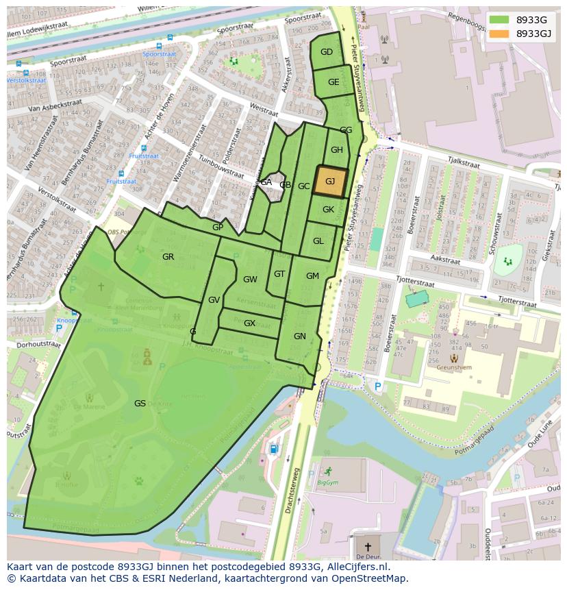 Afbeelding van het postcodegebied 8933 GJ op de kaart.