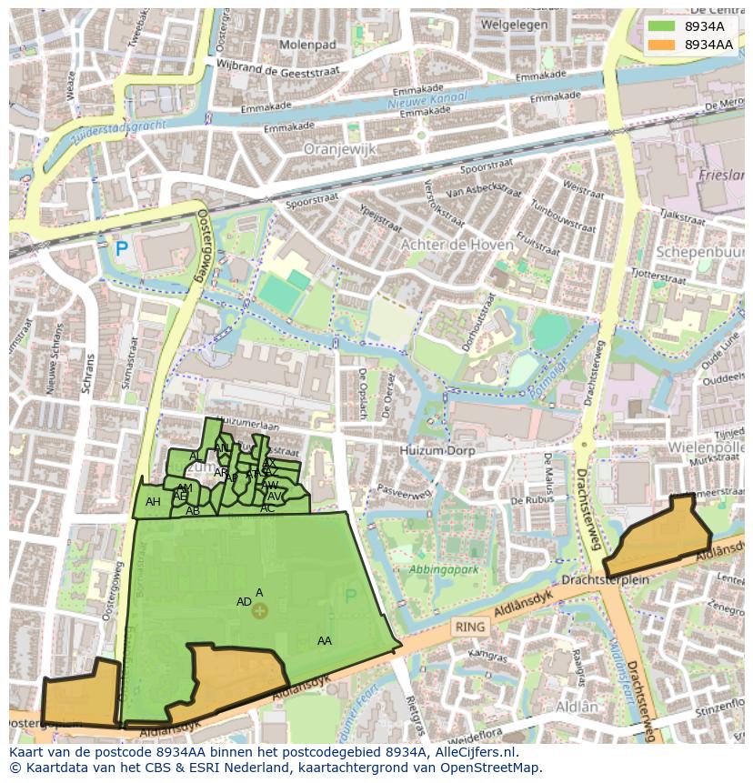 Afbeelding van het postcodegebied 8934 AA op de kaart.