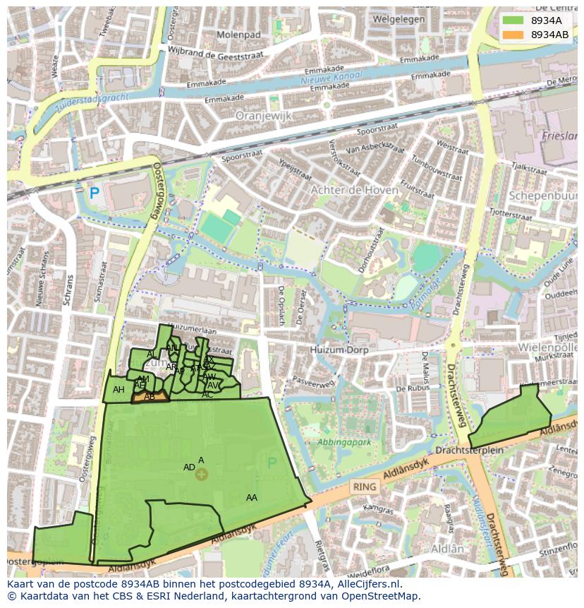 Afbeelding van het postcodegebied 8934 AB op de kaart.