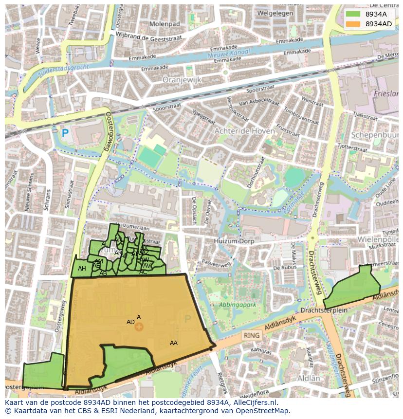 Afbeelding van het postcodegebied 8934 AD op de kaart.