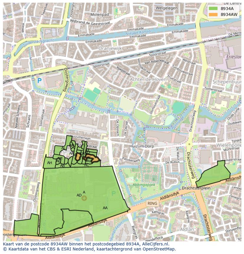 Afbeelding van het postcodegebied 8934 AW op de kaart.