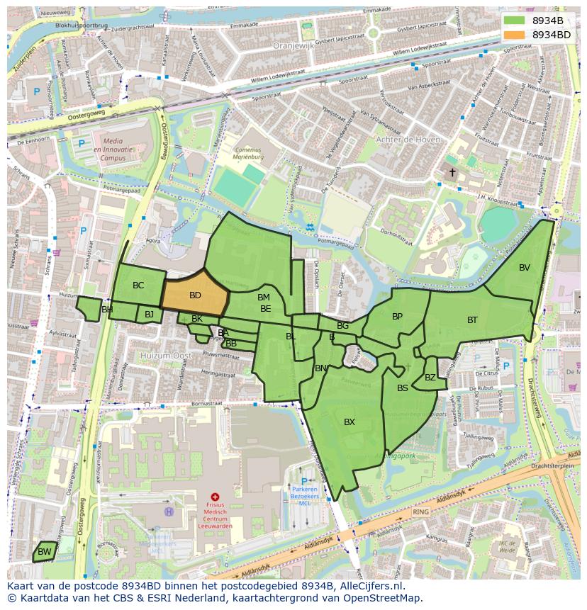 Afbeelding van het postcodegebied 8934 BD op de kaart.